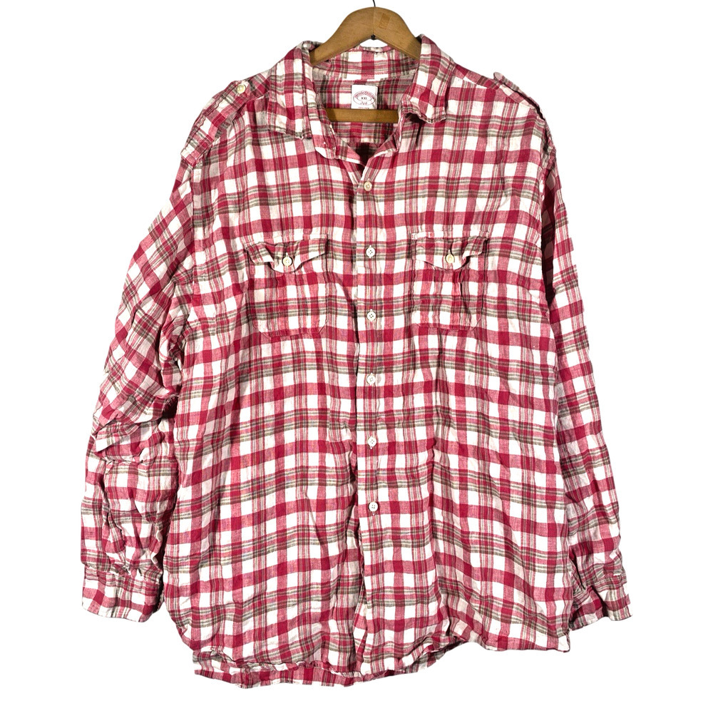 Brooks Brothers Shirt XXL 2XL Mens 100% Linen Button Up Long Sleeve Plaid Preppy